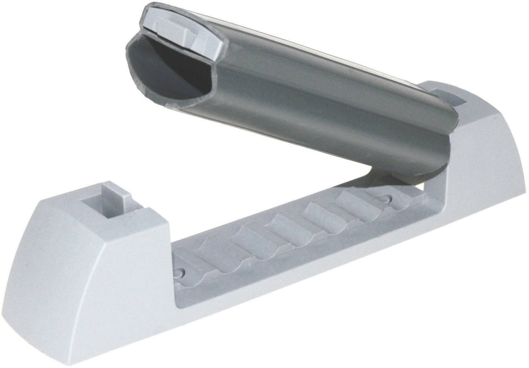 A grey open knife holder, comprising two parts: a base section with recesses and a removable upper protective cover.
