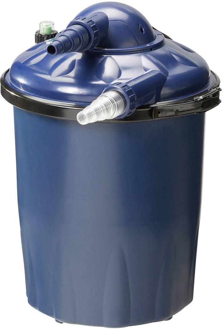 Blue Pond Filter with detachable hoses and sealable lid, suitable for water treatment in garden ponds.