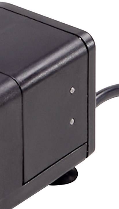 A part of a black electrical device with a cable connection.