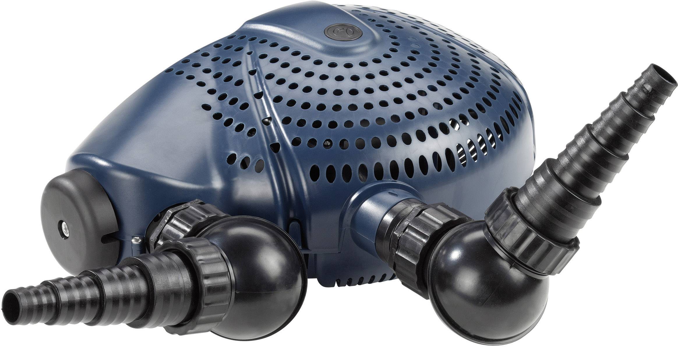 Blue pump housing with two black, ribbed connections. Used for water circulation in ponds or aquariums.