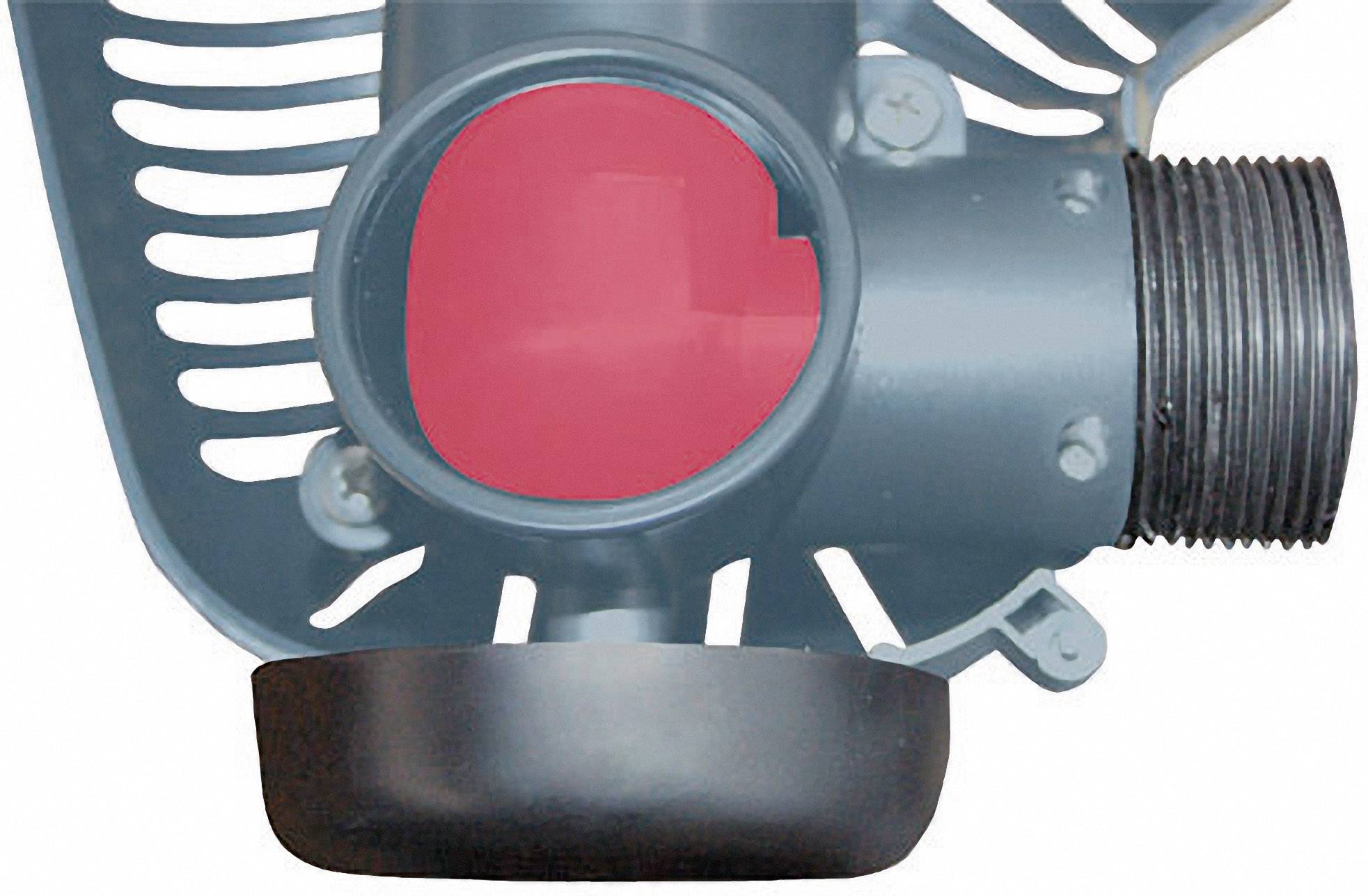 Part of a mechanical component with a red valve in the centre, grey structure and black threading on the right-hand side.