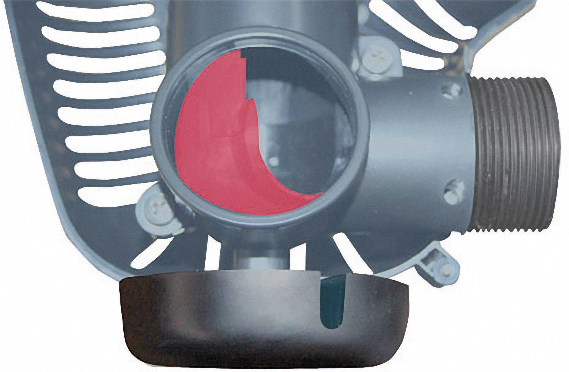 A cross-section of a mechanical device with a red valve inside that regulates the flow path.