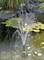 Water fountain in a pond with leaves and a pink water lily in the background.