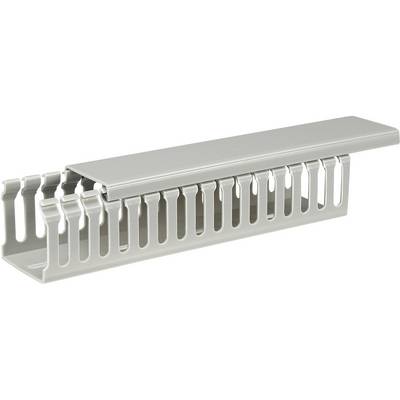 A grey plastic trunking with a removable cover and lateral slots for cable routing in technical installations.
