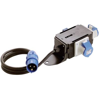 'Electrical adapter with a black casing and blue plug, mounted on a metal bracket; suitable for industrial applications.'