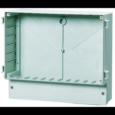 White rectangular plastic storage box with lid and multiple internal compartments, opened and empty, for storing or organising items.