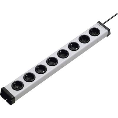 Power strip with eight black sockets and a cable, viewed diagonally from above.