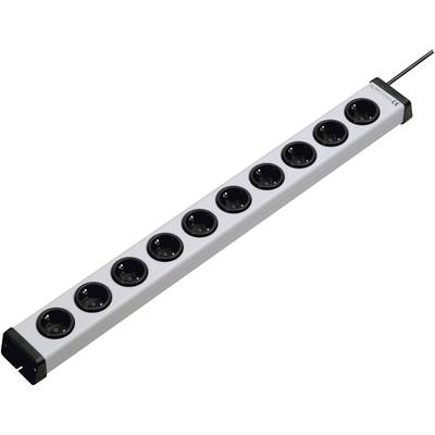 White multi-socket extension lead with eight black plug sockets, suitable for connecting multiple electronic devices.