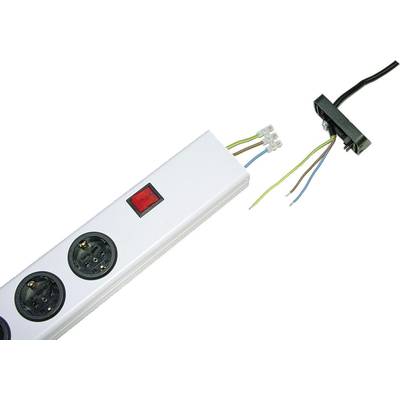 A multi-socket power strip with a stripped cable and loose hanging wires on the right, demonstrates improper electrical wiring.