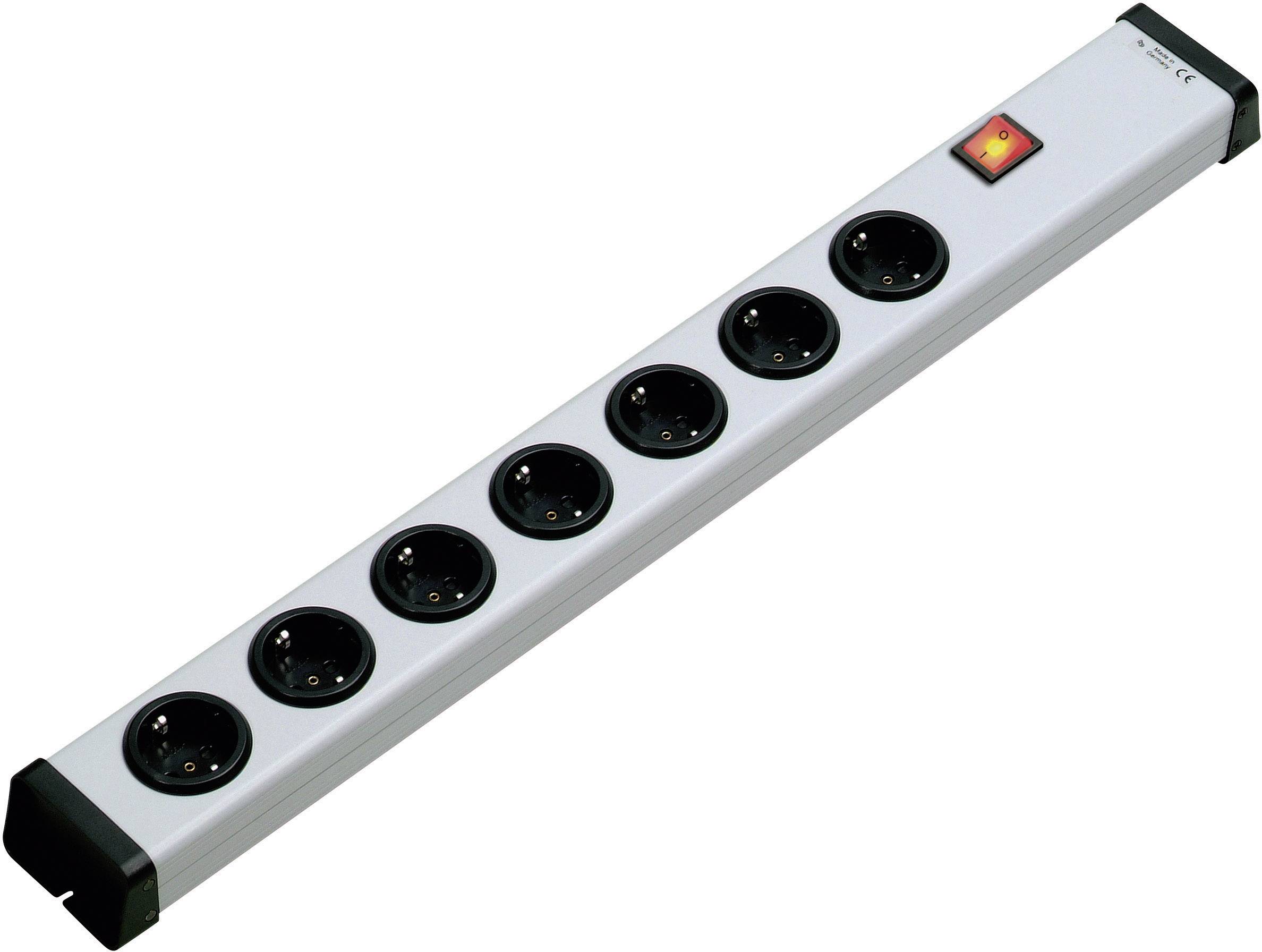 Six-way power strip in a metal housing with a red power switch located top right.
