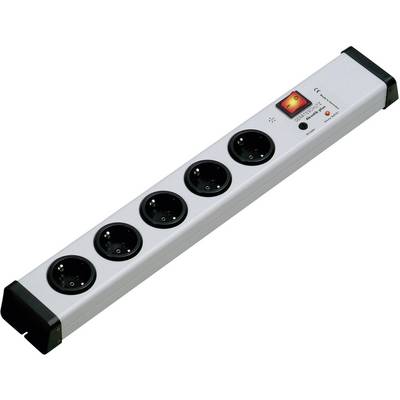 A white power strip with five black socket outlets, a red on/off switch, and a surge protection button.