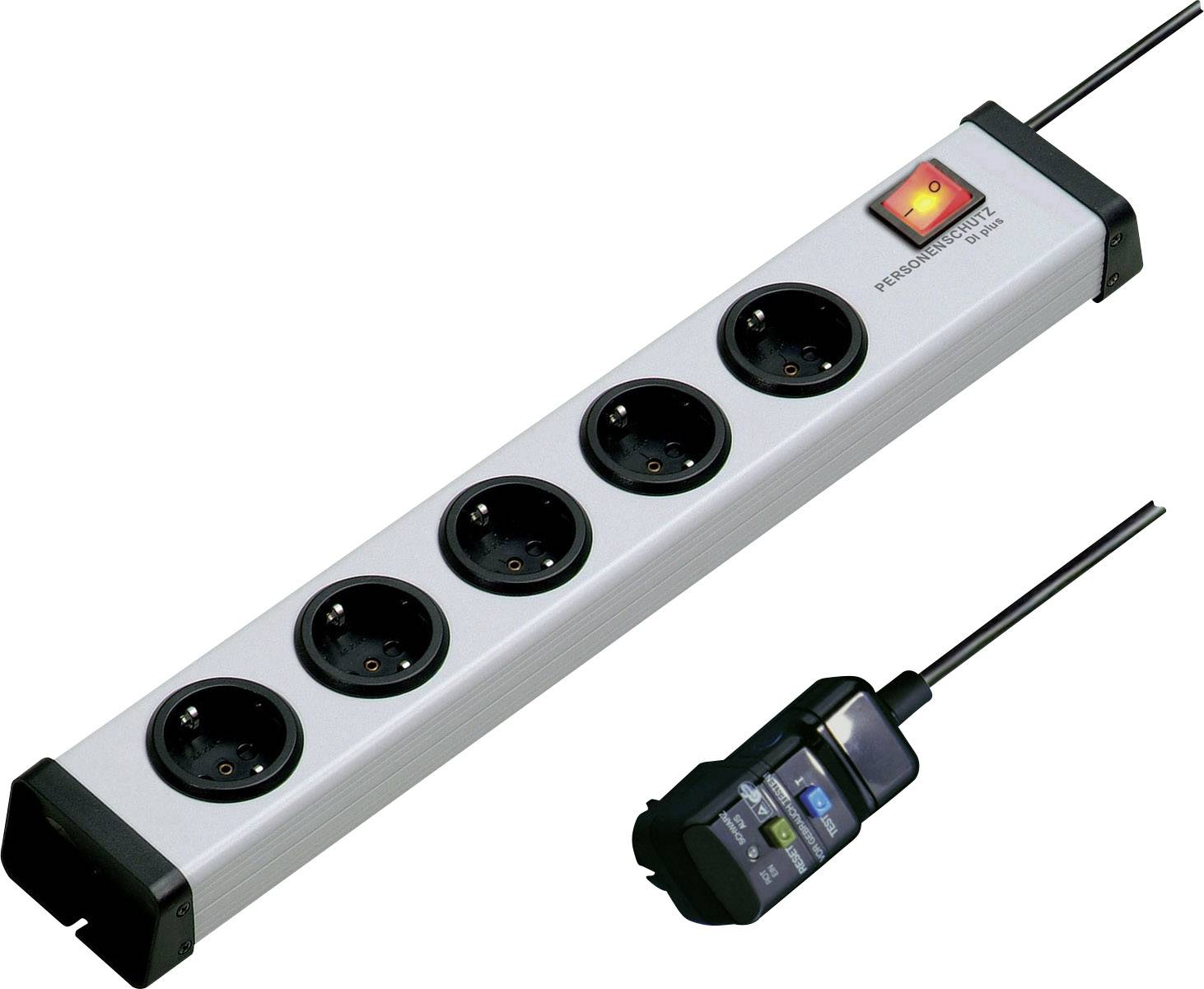 A socket strip with five outlets and a switch. A device with multiple buttons is connected to the cable.