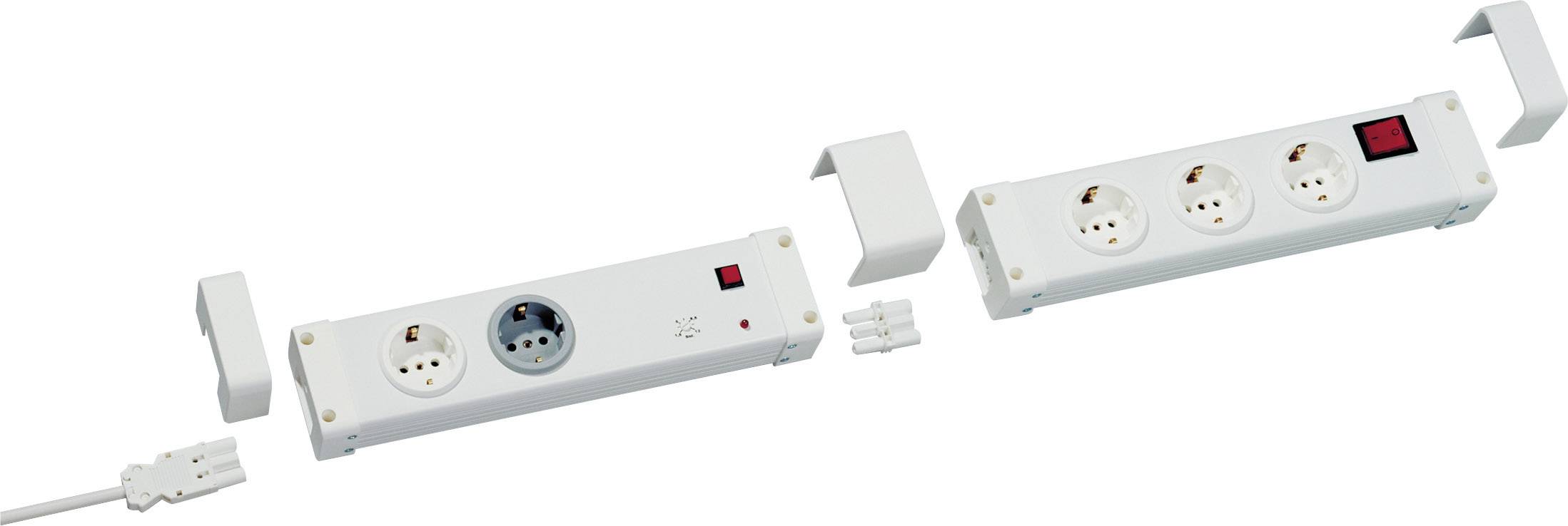 Two white multi-socket extension leads, one with a power cable and one featuring a switch with a red indicator light.