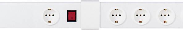 White power strip with three socket outlets and a red on/off switch in the centre.