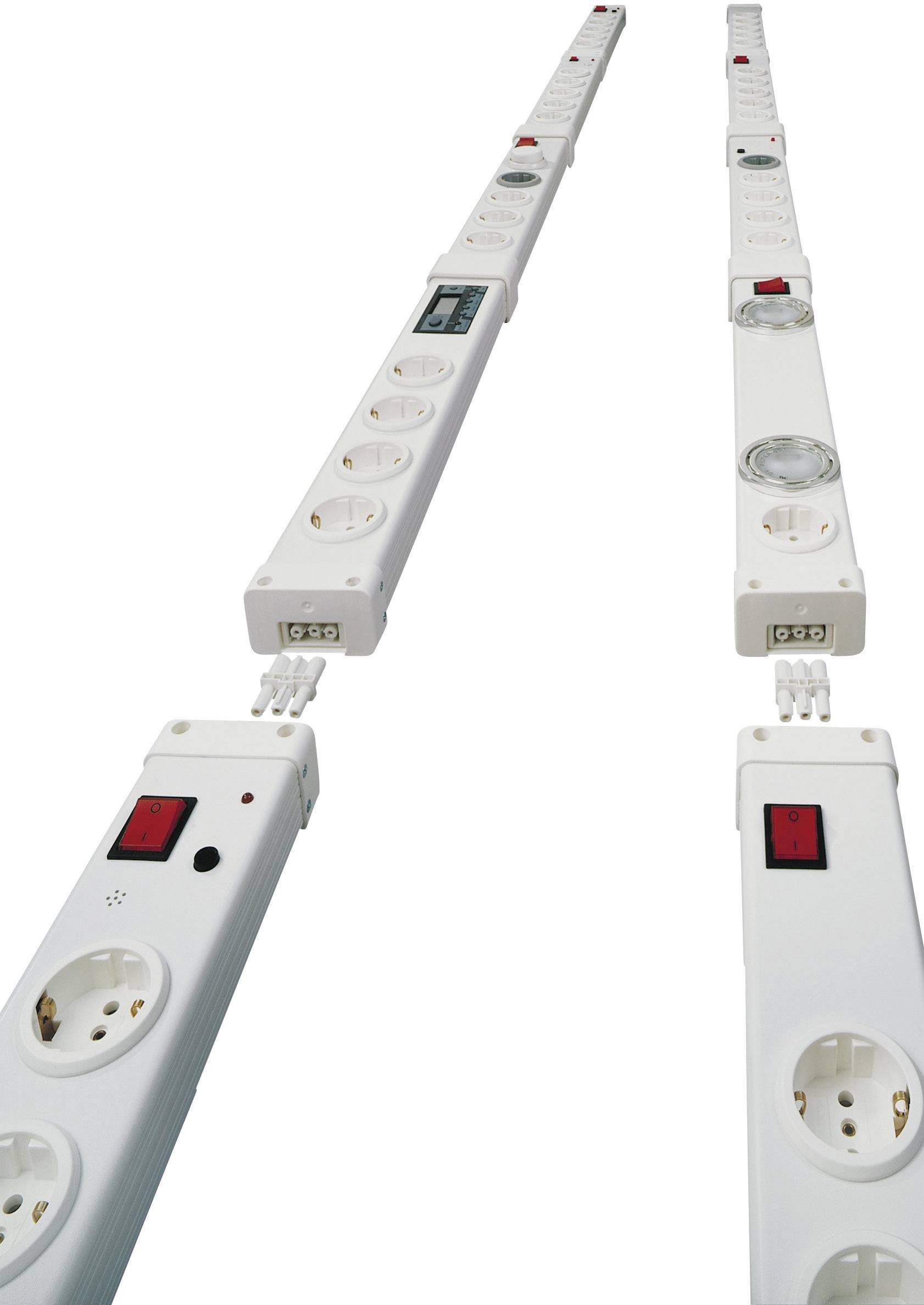Several white multi-socket extension leads with multiple outlets and red switches are arranged in two rows.