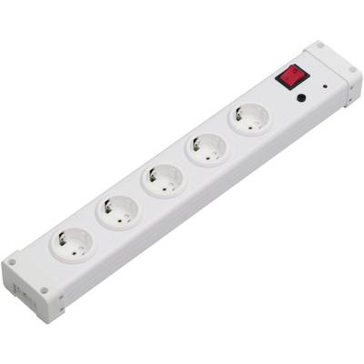 A white multi-socket extension lead with five sockets and a red on/off switch. Suitable for connecting multiple devices.