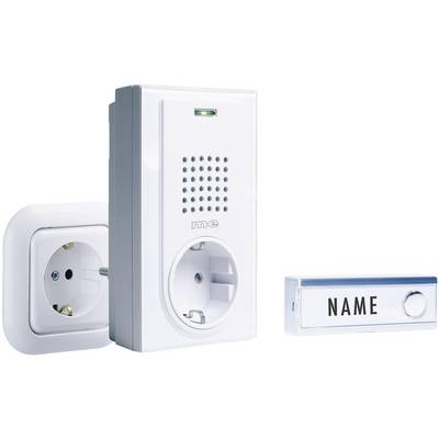 Electronic doorbell with socket and name plate on the right. Socket and doorbell combined in a white housing.