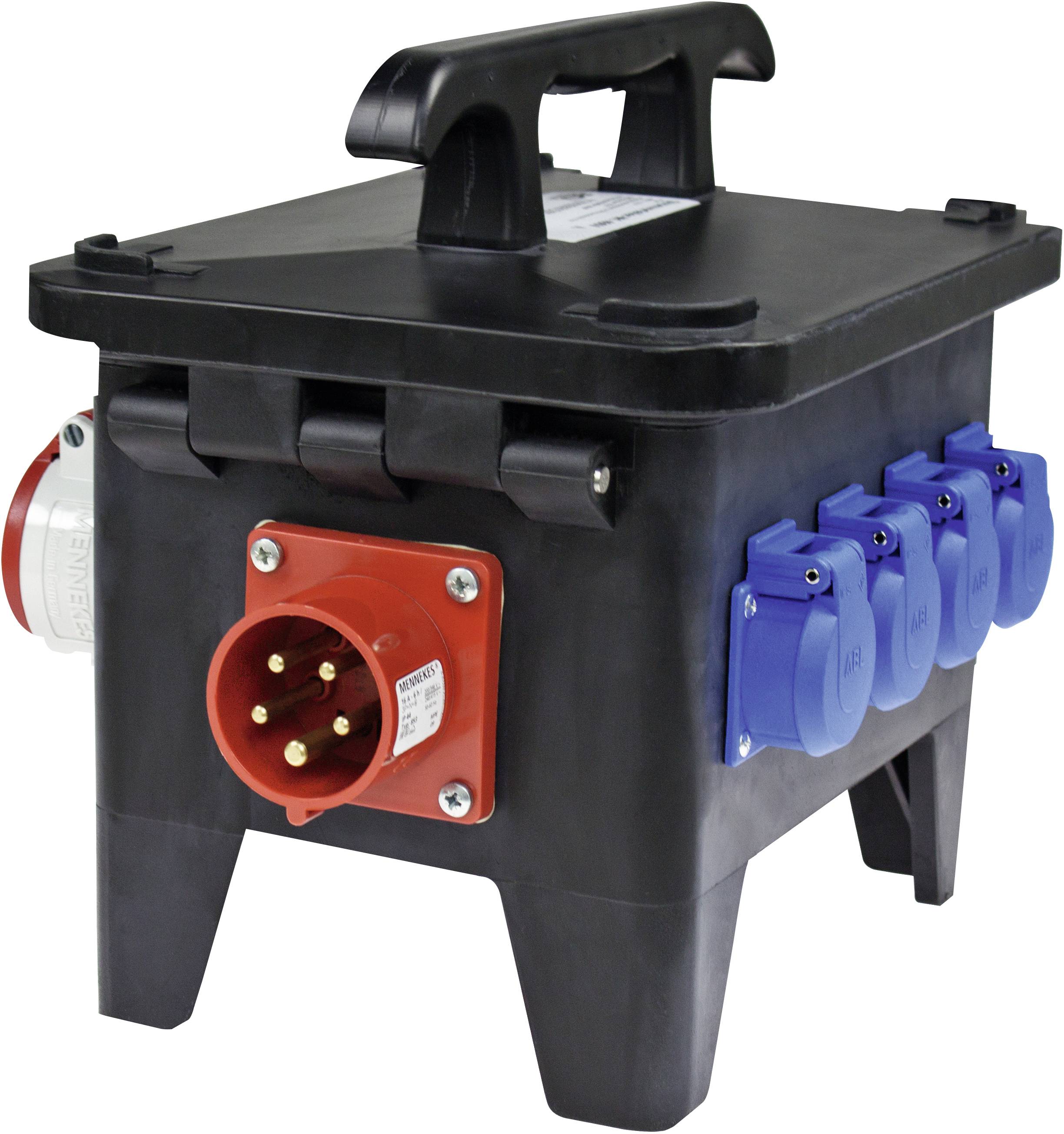 A black mobile power distributor with multiple blue power sockets and a red plug adapter on the side.