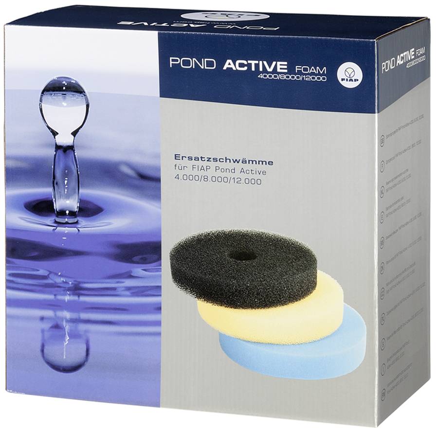 Replacement sponges for FIAP Pond Active 4000/8000/12000. Packaging image with three sponges in different colours.