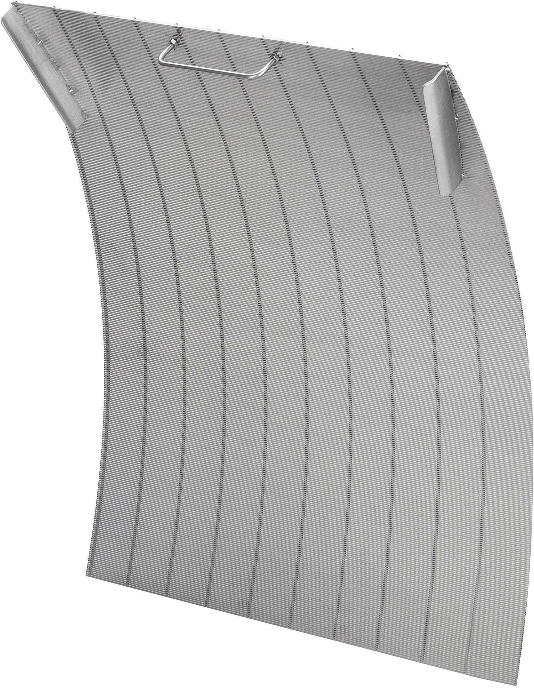 A metal, curved surface with uniform, parallel-running grooves and a fixed handle at the top.