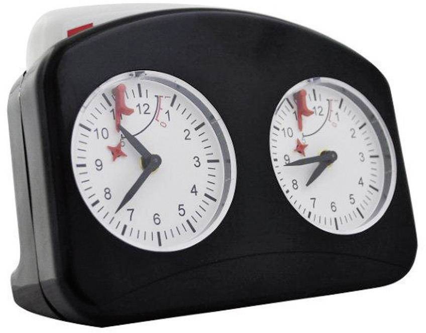 An analogue chess clock with two clock faces, both with red and black hands. The left clock shows 7 o'clock, the right clock shows 5 o'clock.