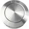 Round, silver metal press stud, smooth and shiny.