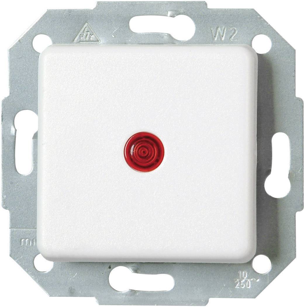 Light switch with a red indicator light in the centre, built into a rectangular metal frame.