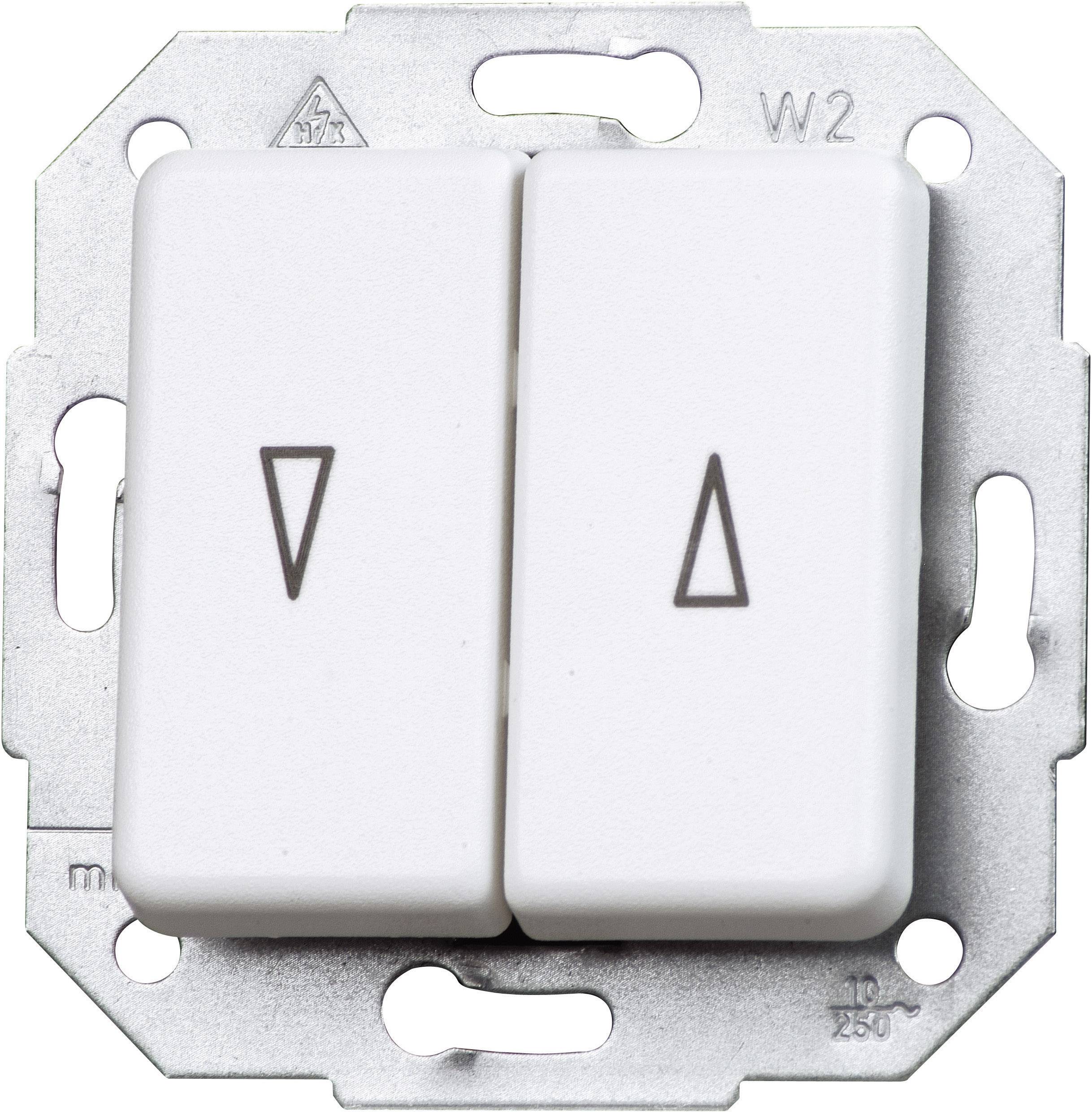 'Two white light switches on a metal plate; the left switch has an arrow pointing downwards and the right switch has an arrow pointing upwards.'