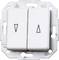 'Two white light switches on a metal plate; the left switch has an arrow pointing downwards and the right switch has an arrow pointing upwards.'