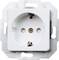 White socket in a metal wall-mounting bracket. It has two plug holes and an earth connection. Standard for household appliances.