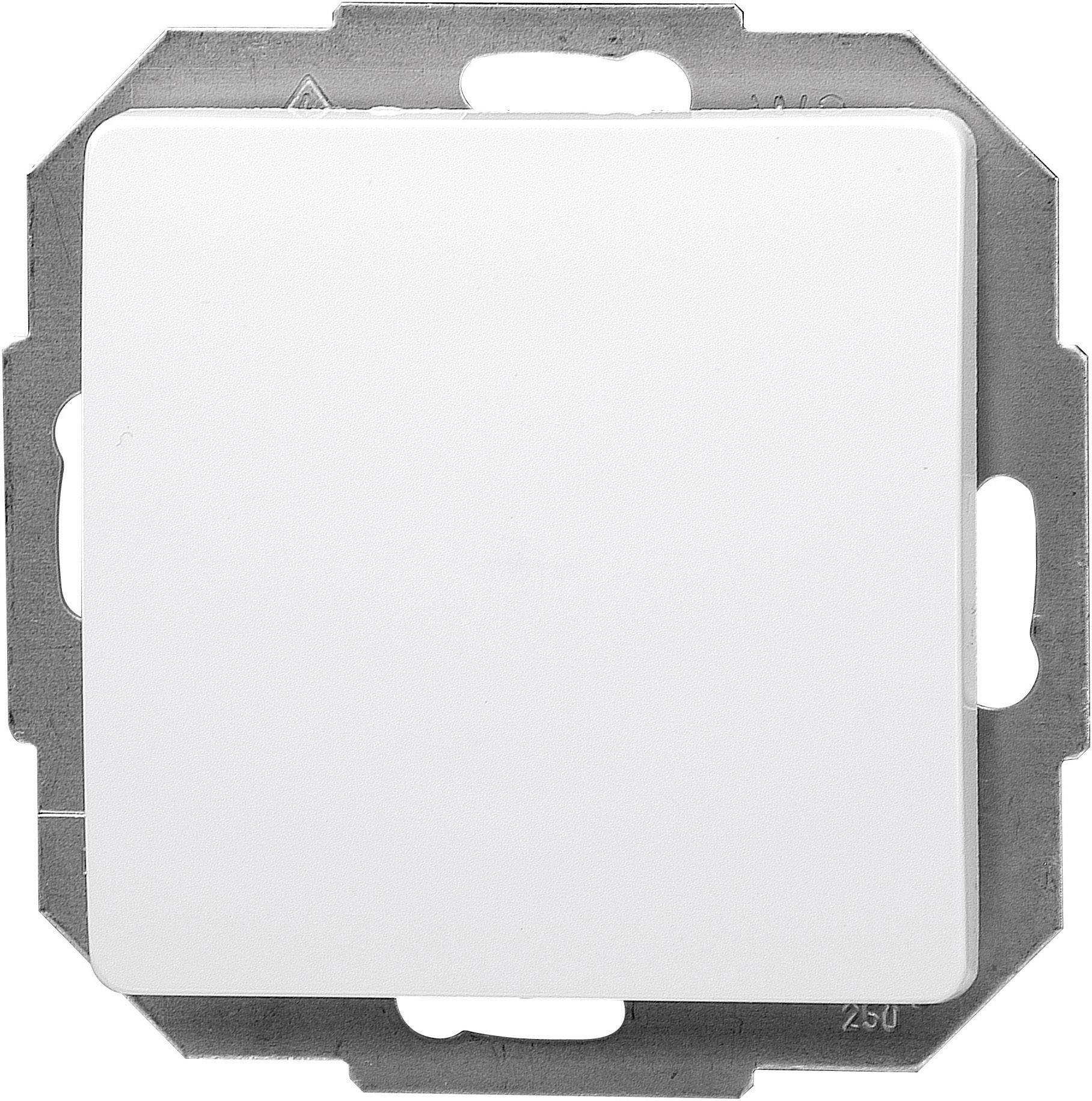 A white square light switch, mounted on a metallic wall plate.