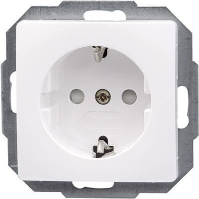 White electrical socket in a metal frame mounting, front view.