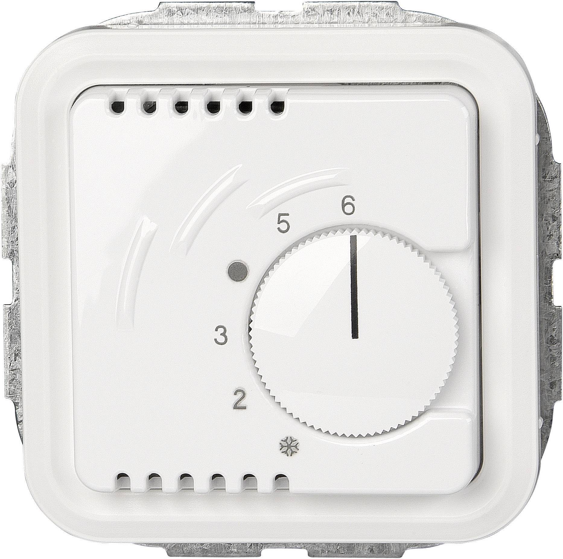 White square thermostat with a rotary knob for temperature setting from 1 to 6 and a symbol indicating low temperatures.