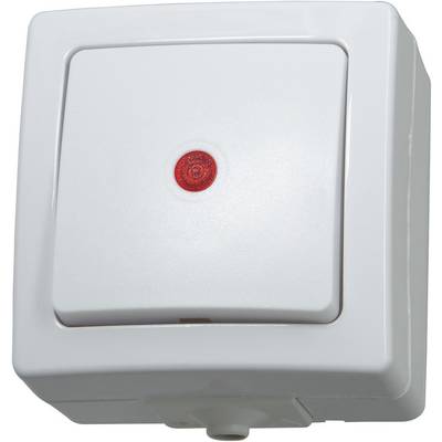 A white light switch with a red indicator light in the centre, showing whether the switch is active.