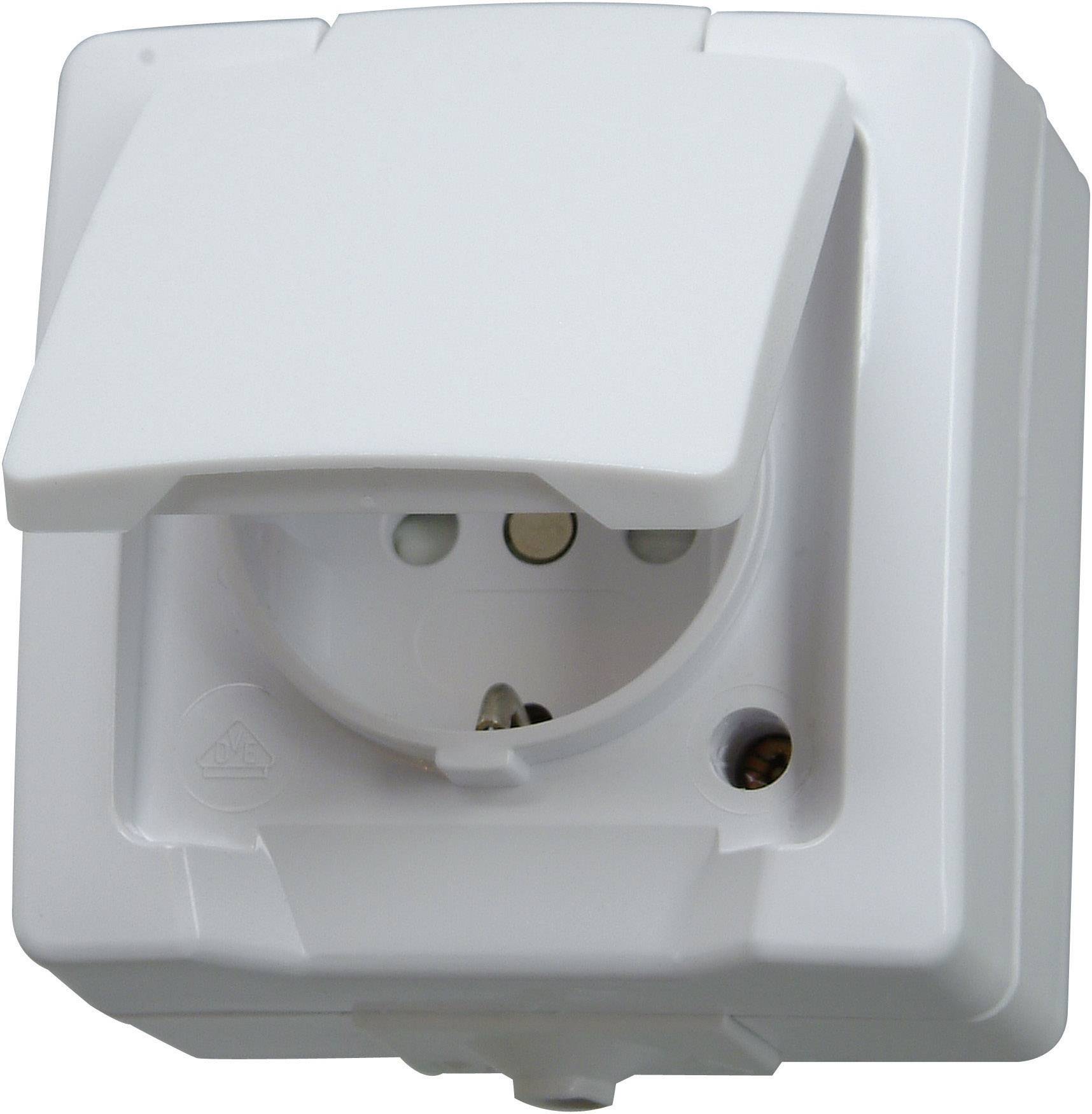 A white outdoor socket with a cover, suitable for exterior use, shows an open flap that provides access to the electrical contacts.