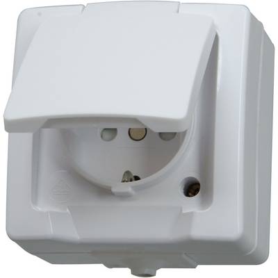 A white outdoor socket with a cover, suitable for exterior use, shows an open flap that provides access to the electrical contacts.