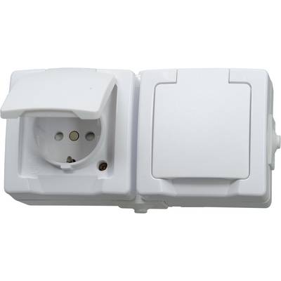 White, double surface-mounted frame system with a socket on the left and a switch with cover on the right. Suitable for wall mounting.