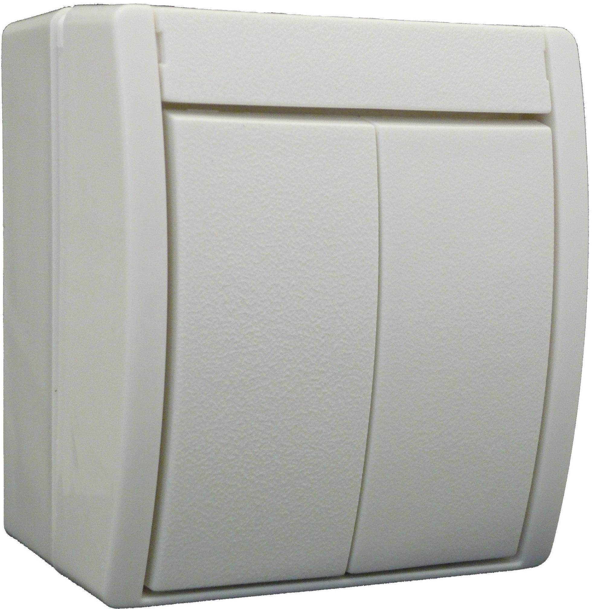 A white plastic double light switch mounted on the wall.