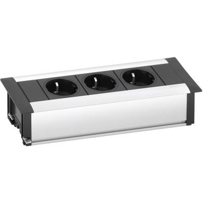 'Triple socket strip with silver frame and white cover, suitable for desk mounting.'