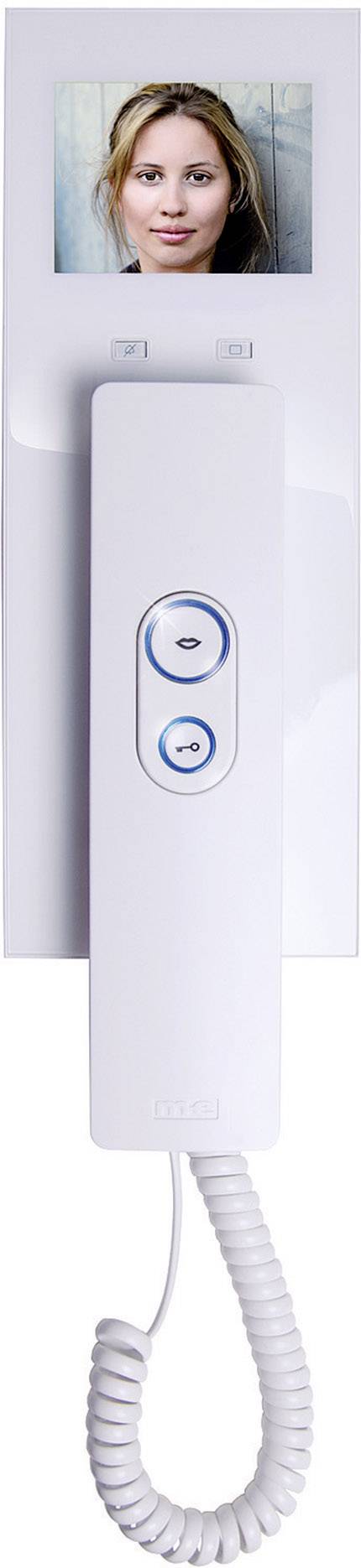 A woman on the screen of an intercom system. Below are controls and a handset with a cable.