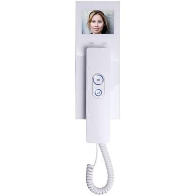 A woman on the screen of an intercom system. Below are controls and a handset with a cable.
