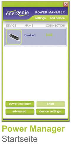 'Power Manager' application window shows a connected device named 'Device3' with USB connection. Options: Chart, Settings.