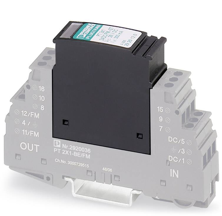 A surge protection module is mounted on a DIN rail. It has input and output connections, marked with 'IN' and 'OUT'.