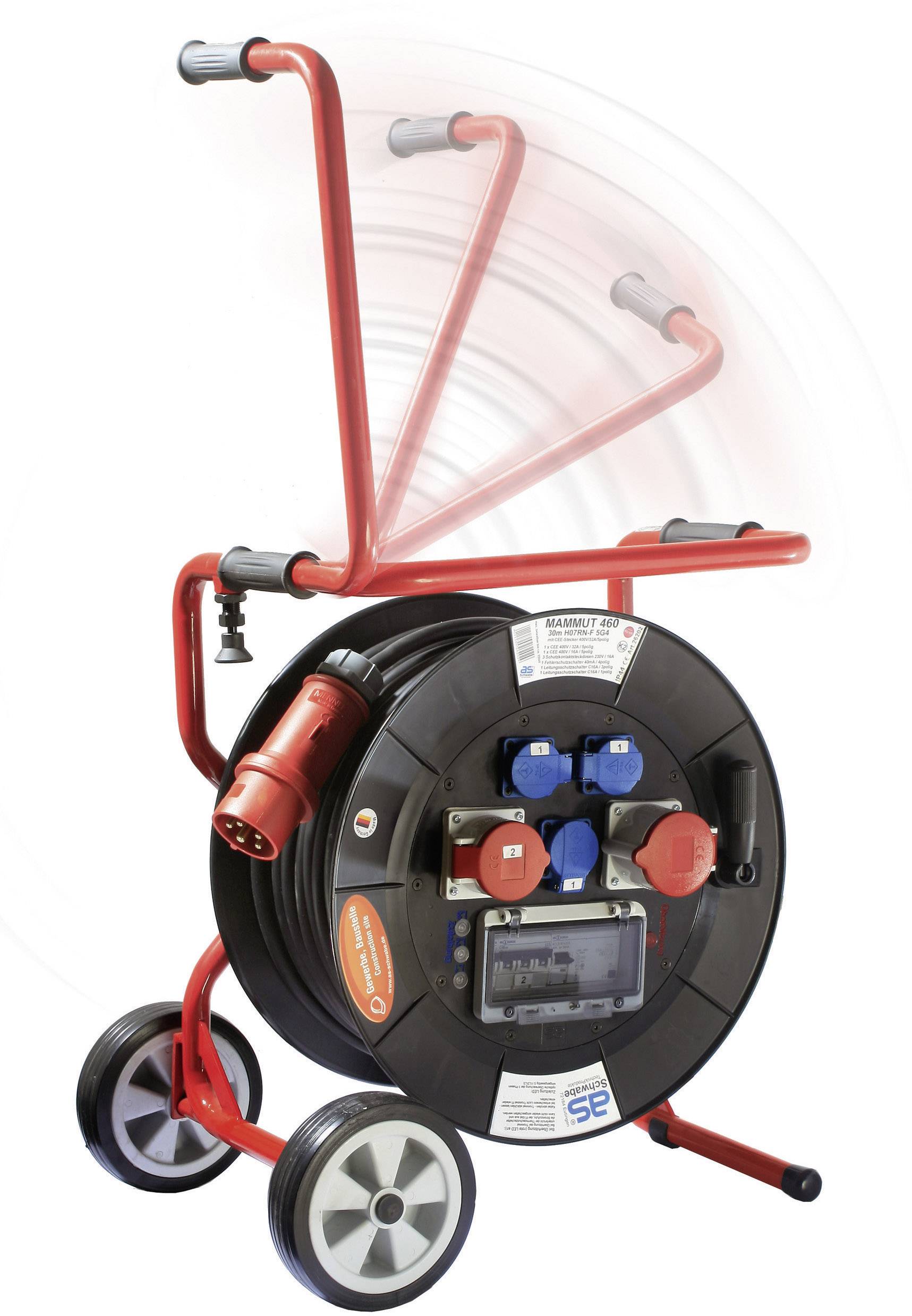 Portable extension cable reel with multiple power sockets and electrical connection. Suitable for construction sites or events.