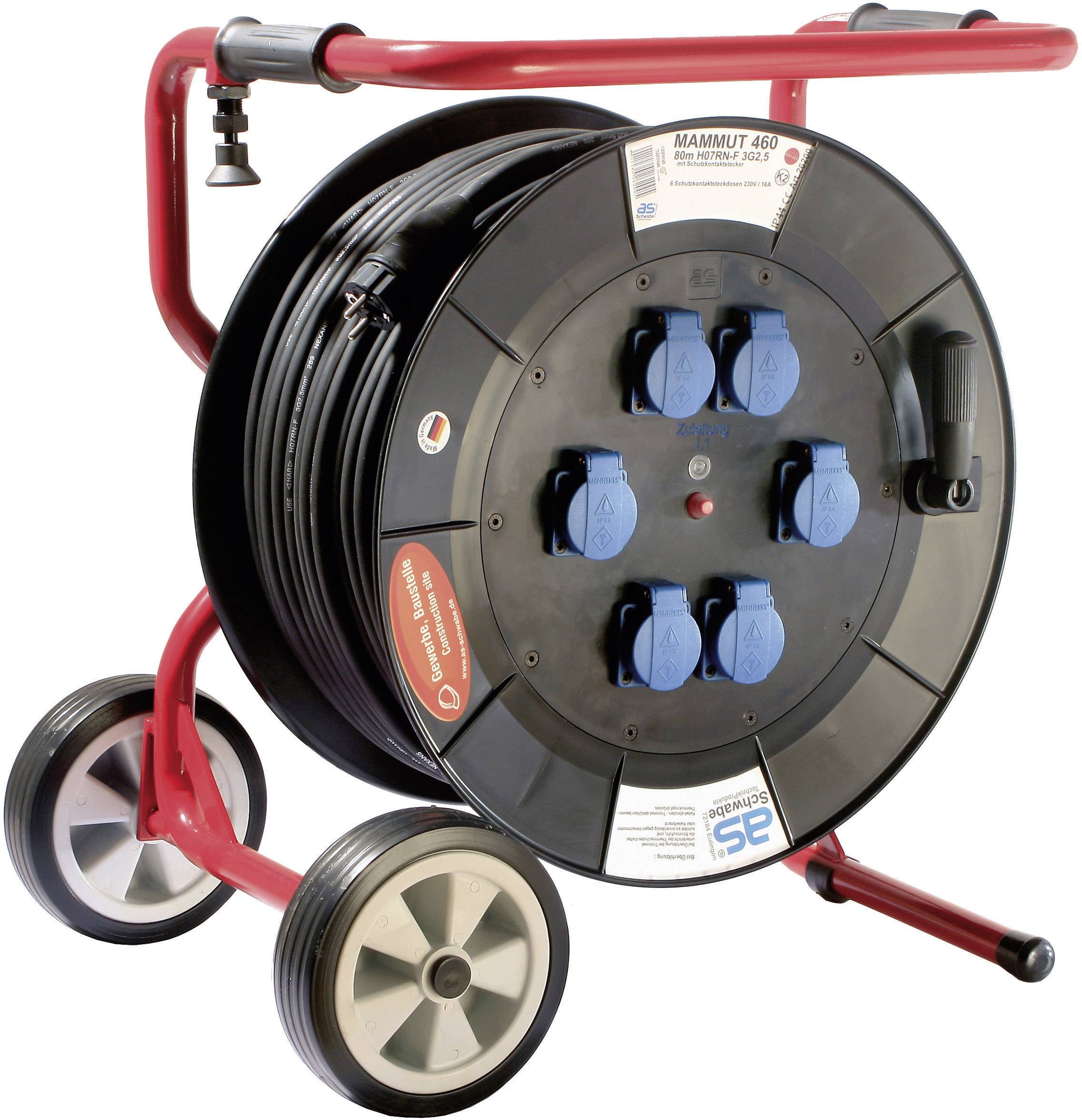 A large black cable drum trailer with multiple blue power sockets, red frame, and two wheels for transportation.