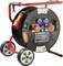 Cable reel with multiple plug sockets and a long cable mounted on a red, mobile frame with two wheels. Suitable for construction sites.