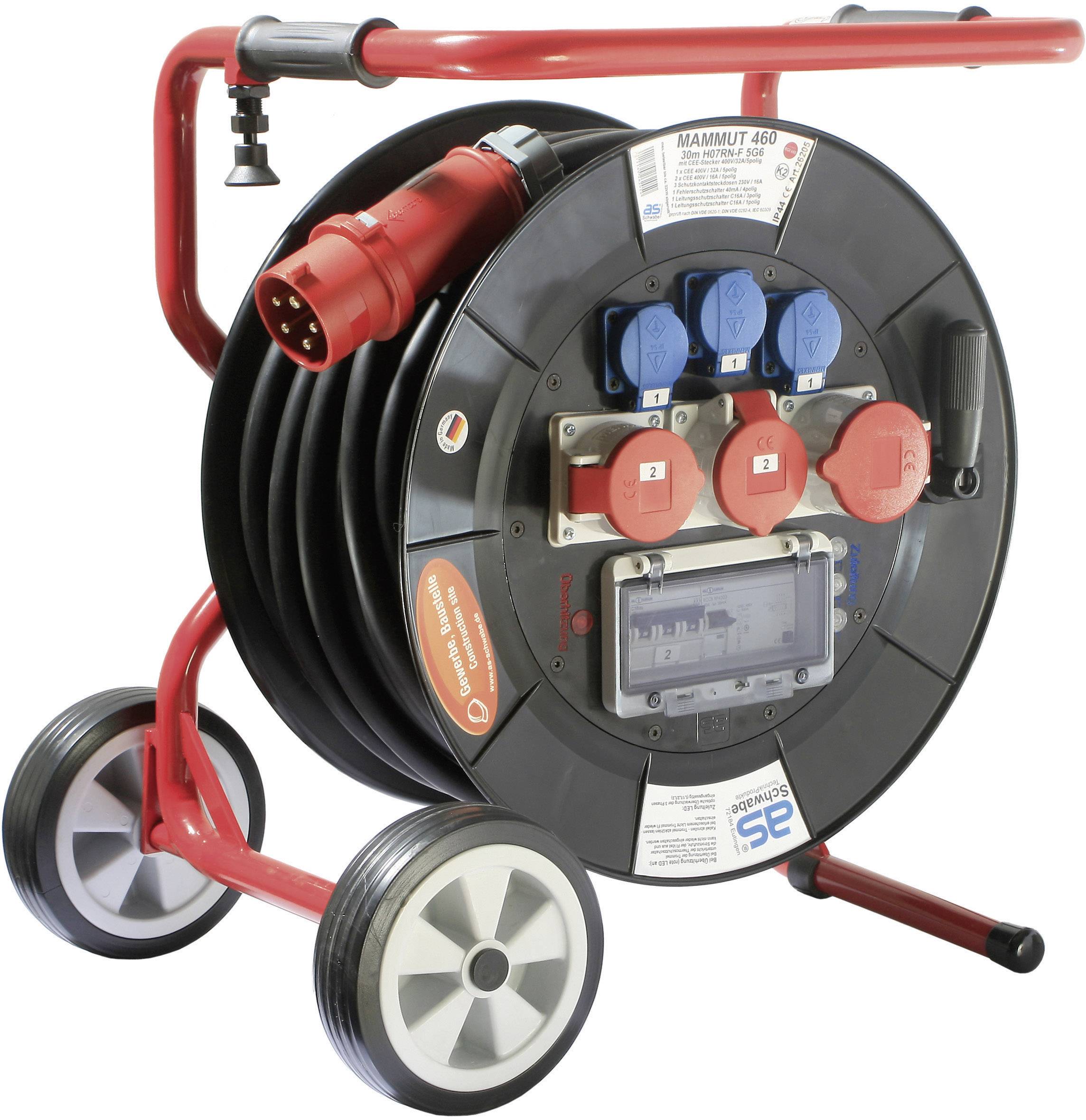 A extension lead on a portable reel with multiple sockets and a circuit breaker. Ideal for construction sites or events.