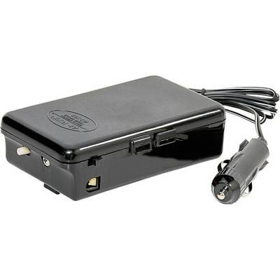 A black battery box with cable and car adapter, suitable for powering devices while travelling.