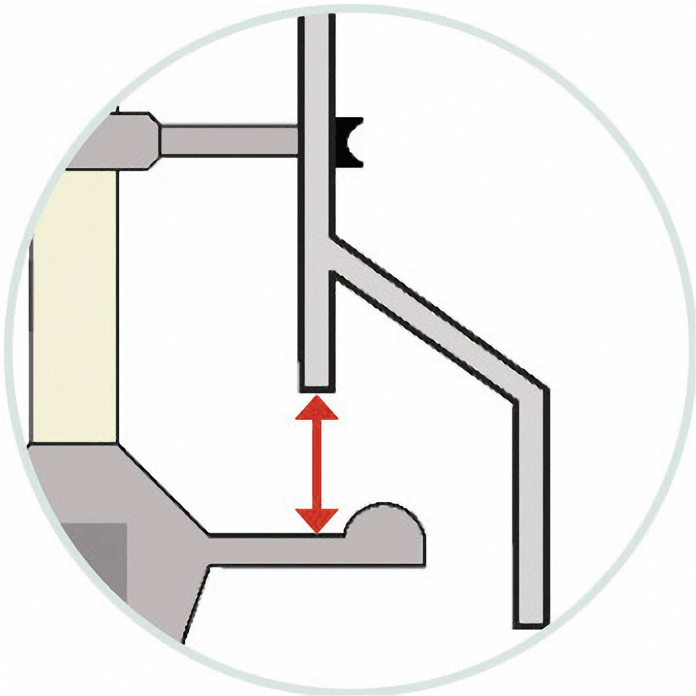 Cross-section of a window frame shows two planes, connected by a hook. Red double-headed arrow indicates vertical distance.