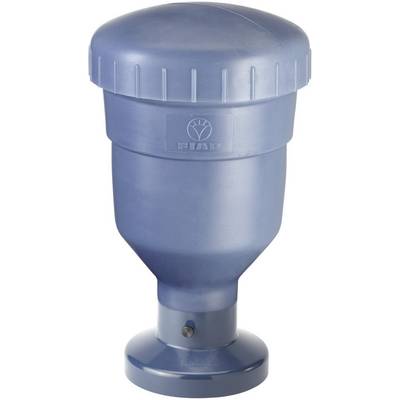 A blue, cylindrical plastic device with a wide lid and a metal tag on the front.